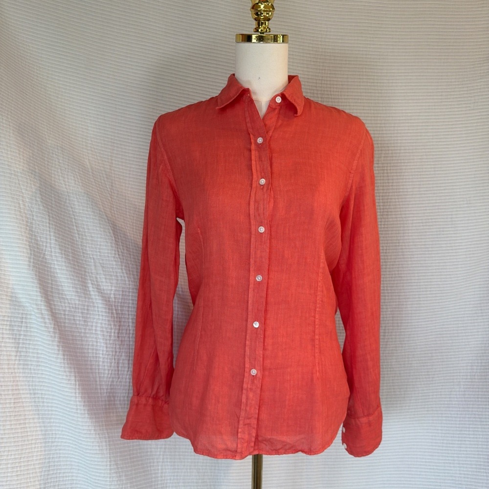 Benson NYC Women 100% Linen Long Sleeves Shirt Coral Orange Button Down Large
